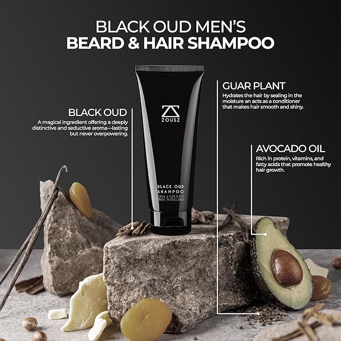 ZOUSZ Black Oud Men's Shampoo, Hair & Beard Cleaner and Strengthener, Vegan & Hypoallergenic Shampoo , 3.38 Fl Oz Hair Shampoo & Beard Wash Kit Essential