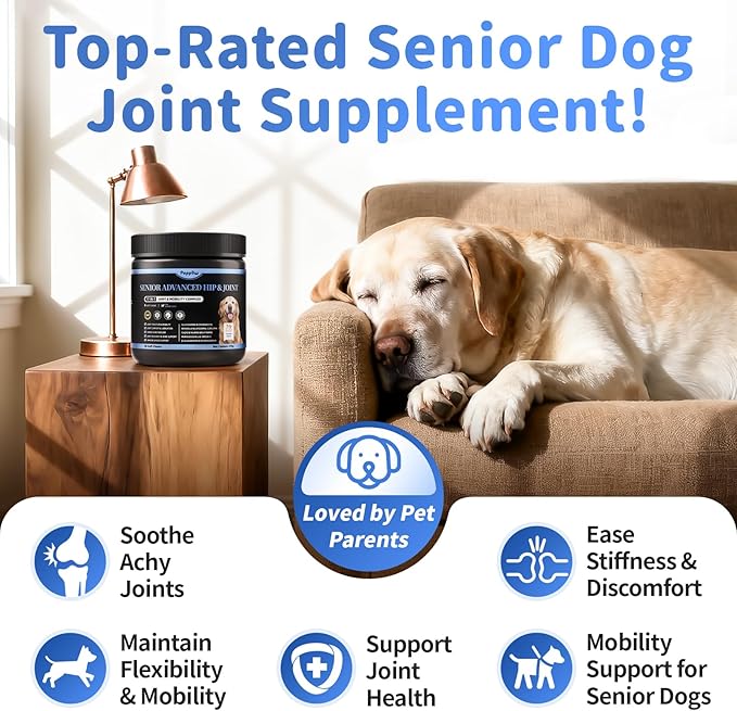 Senior Advanced Joint Supplement for Dogs – 17-in-1 Glucosamine for Dogs with Chondroitin – Hip & Joint Pain Relief Pills – Mobility Support Chews – Large & Small Breeds - Chicken Flavor – 90Ct