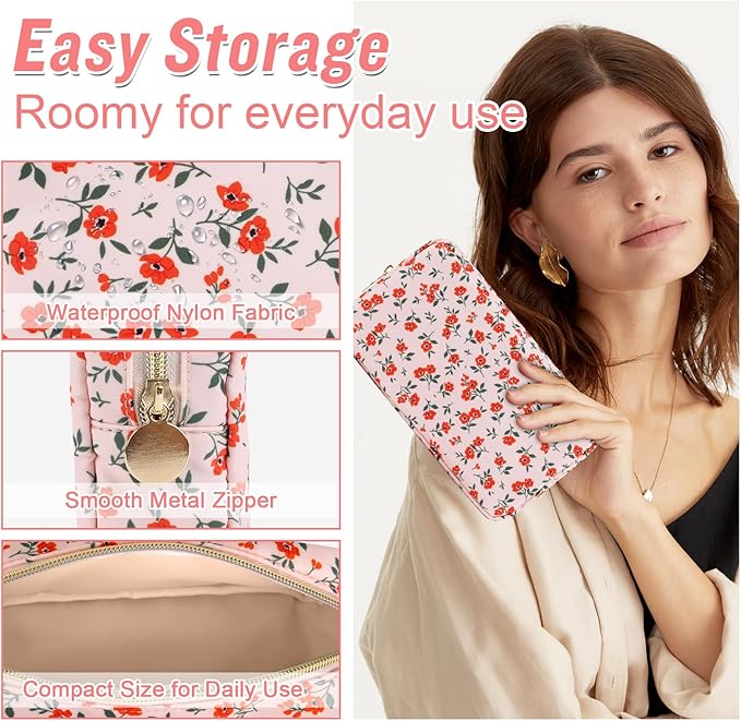 Nylon Small Floral Makeup Bag for Purse, Cute Preppy Pink Makeup Bag Flower Cosmetic Zipper Pouch, Waterproof Portable Travel Toiletry Makeup Brush Bag Organizer Storage for Women Girls(Pink-Floral)