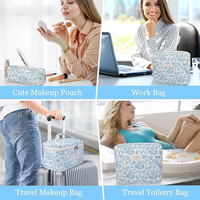 3pc Makeup Bag Set, Quilted Makeup Bag Set, Large Floral Cosmetic Bag for Women, Cute Cotton Makeup Bags, Flower Travel Toiletry Organizer Bag (Large Flower)