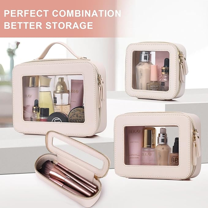 Pinkmik Clear Makeup Bag for Women Waterproof Travel Cosmetics and Toiletries Case Portable Makeup Oaganizer Bag Clear Car Bag with Zipper (Beige, M+L)