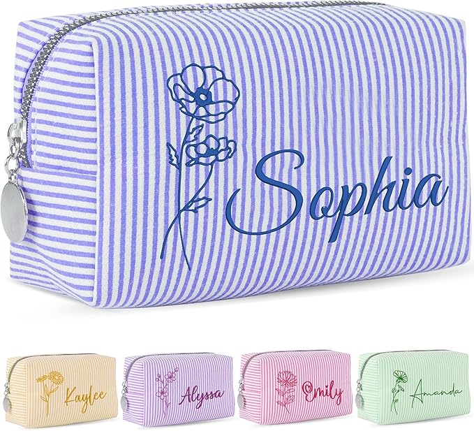Yofair Personalized Makeup Bag with Bith Flower, Large Capacity Travel Toiletry Case Teen Girl Gift Trendy Stufff Custom Seersucker Cosmetic Bags Birthday Gifts for Girls