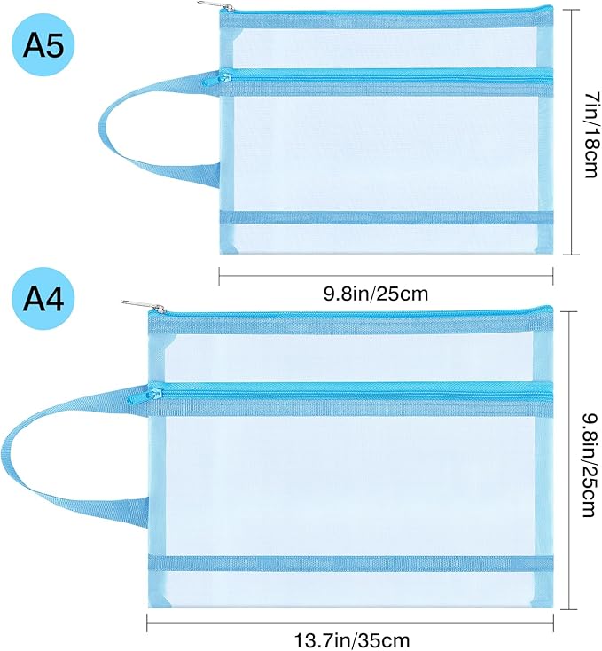 6 Pack Mesh Zipper Pouch Bags, Double Layer Nylon Pouch with Handle for Office Travel Organization (Blue, A4)
