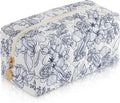 Makeup Bag Travel Toiletry Bag for Women, Small Cosmetic Bags Cute Quilted Cotton Makeup Pouch for Purse Emergency Bag for School Floral Pencil Case Accessory Bag, Light Cyan