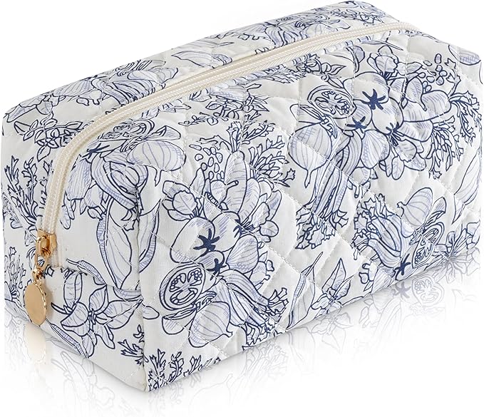 Makeup Bag Travel Toiletry Bag for Women, Small Cosmetic Bags Cute Quilted Cotton Makeup Pouch for Purse Emergency Bag for School Floral Pencil Case Accessory Bag, Light Cyan