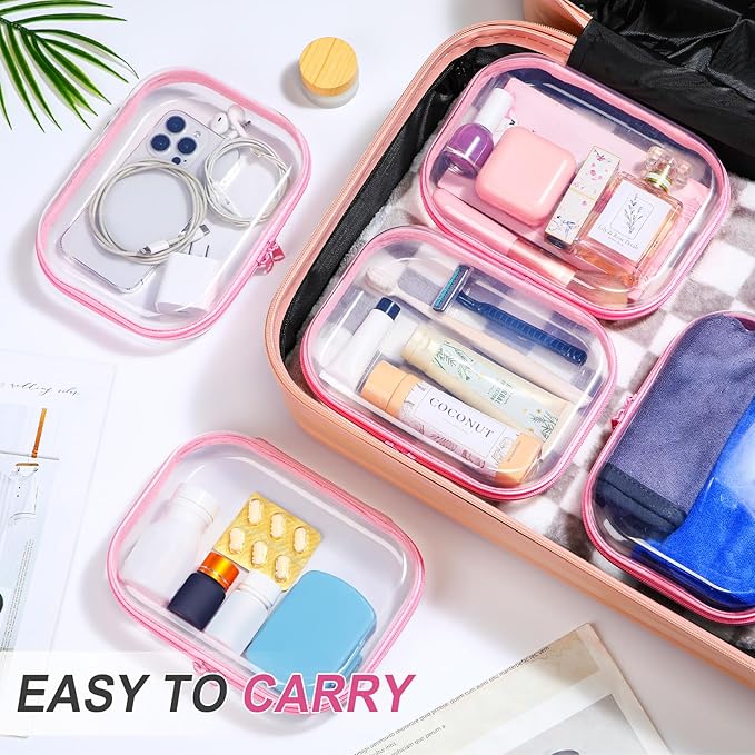 Sanwuta 6 Pcs Clear Hard Zipper Case Hard Plastic Zipper Pouches Makeup Bag Pencil Pouches Transparent Cases for Snacks Plastic Storage Organizer Box for Travel(Pink,7.87 x 5.9 x 2 Inch)