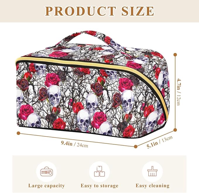 Makeup Organizer Bag, Skulls Rose Flowers Travel Makeup Bags Makeup Vanity Case Large Capacity Rhombus Cosmetic Toiletry Bag for Girl Women Ladies