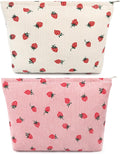 SOIDRAM 2 Pcs Cute Makeup Bag Large Cosmetic Bag Toiletry Bag Makeup Pouch Travel Bag Organizer Cute Makeup Brushes Aesthetic Accessories Storage Bag for Women Strawberry Pink Beige