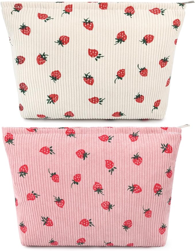 SOIDRAM 2 Pcs Cute Makeup Bag Large Cosmetic Bag Toiletry Bag Makeup Pouch Travel Bag Organizer Cute Makeup Brushes Aesthetic Accessories Storage Bag for Women Strawberry Pink Beige