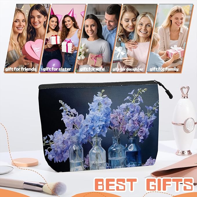 Cosmetic Bags Travel Makeup Toilet Case Waterproof Pouch for Women Girls 6.7X9.45inches - Still - Life of Blue - Purple Flowers in Glass Bottles