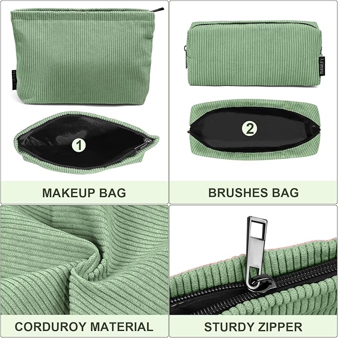 MAGEFY Makeup Bag 2 PCS Corduroy Make up Bag for Purse Travel Cosmetic Bag for Women Small Makeup Pouch Cute Makeup Brush Bag Preppy Stuff Travel Essentials - Green