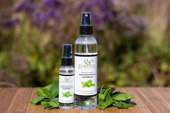 EuroSpa Aromatics Pure Eucalyptus Oil ShowerMist and Steam Room Spray, All-Natural Premium Aromatherapy Essential Oils - Menthol Infused, 2oz, 2 Pack