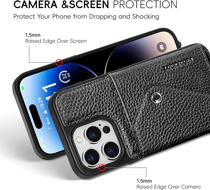 LUCKYCOIN Crossbody Wallet Phone Case for iPhone 14 Pro Max,100% Genuine Leather Wallet Phone Case with Expandable Flip Card Holder,Phone Purse for Women with Adjustable Removable Strap - Pebble Black