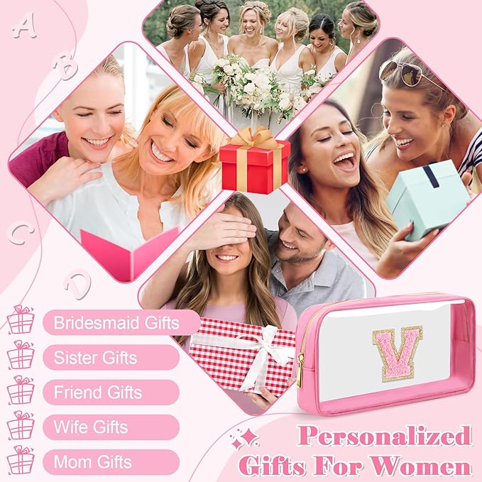 Personalized Initial Letter Clear Makeup Bag,Preppy Small Nylon&PVC Cosmetic Zipper Bag with Chenille Letter,Portable Beach Travel Skincare Toiletry Bag,Trendy Monogram Gift for Teen Girls Women,V
