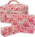 3pc Makeup Bag Set, Quilted Makeup Bag Set, Large Floral Cosmetic Bag for Women, Cute Cotton Makeup Bags, Flower Travel Toiletry Organizer Bag (Bright Pink)