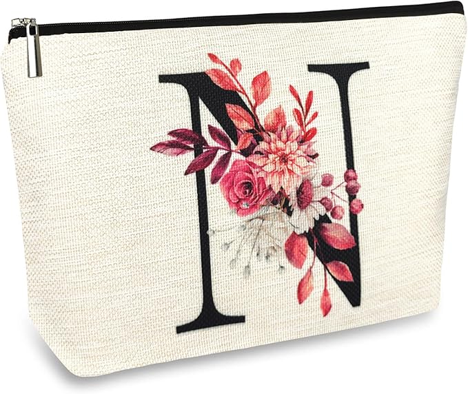 Initial A-Z Personalized Floral Makeup Bag, Monogrammed Birthday Gifts for Women Mom, Mothers Day Christmas Gift Ideas for Best Friend, Bride Bridesmaid, Her, Grandma, Small Travel Cosmetic Bag (N)