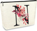 Initial A-Z Personalized Floral Makeup Bag, Monogrammed Birthday Gifts for Women Mom, Mothers Day Christmas Gift Ideas for Best Friend, Bride Bridesmaid, Her, Grandma, Small Travel Cosmetic Bag (N)