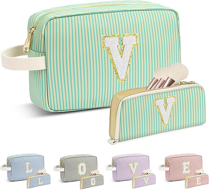 Travel Makeup Bag Christmas Gifts for Women Girl Teens, Personalized Initial Makeup Bag for Cute Teen Girls, Preppy Stuff Toiletry Bag Cosmetic Bag, Teen Girls Gift Trendy Stuff, Letter V
