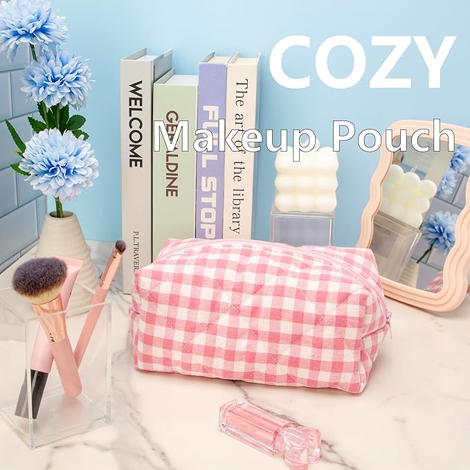 PAZIMIIK 2PCS Cozy Makeup Bag Travel Cosmetic Bag for Women Soft Toiletry Bag Aesthetic Makeup Organizer Portable Large Zipper Pouch for Skincare Beauty Accessories Brushes Pink Checkered
