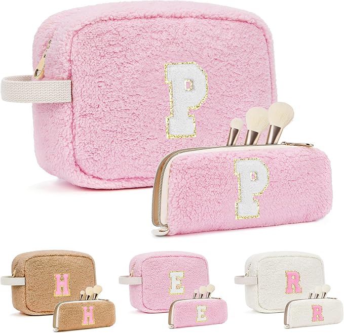 2PCS Makeup Bag with Initials, Christmas Day Gifts for Teen Girls Trendy Stuff, Personalized Cosmetic Travel Bag Pouch for Granddaughter, Cute Plush Make up Bags for Birthday - Pink P