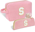 Personalized Initial Makeup Bag Trendy Stuff Corduroy Cosmetic Bag Travel Toiletry Bag for Women, Christmas/Thanksgiving/Halloween Gifts Makeup Organizer Case for Teen Girls Mom Girlfriend Wife - Pink