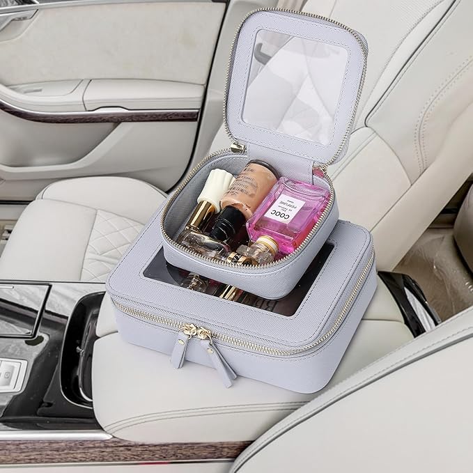 Pinkmik Clear Makeup Bag Waterproof Travel Case for Cosmetics and Toiletries Women's Purse Organizer and Clear Car Bag with Zipper (Gray, M+MINI)