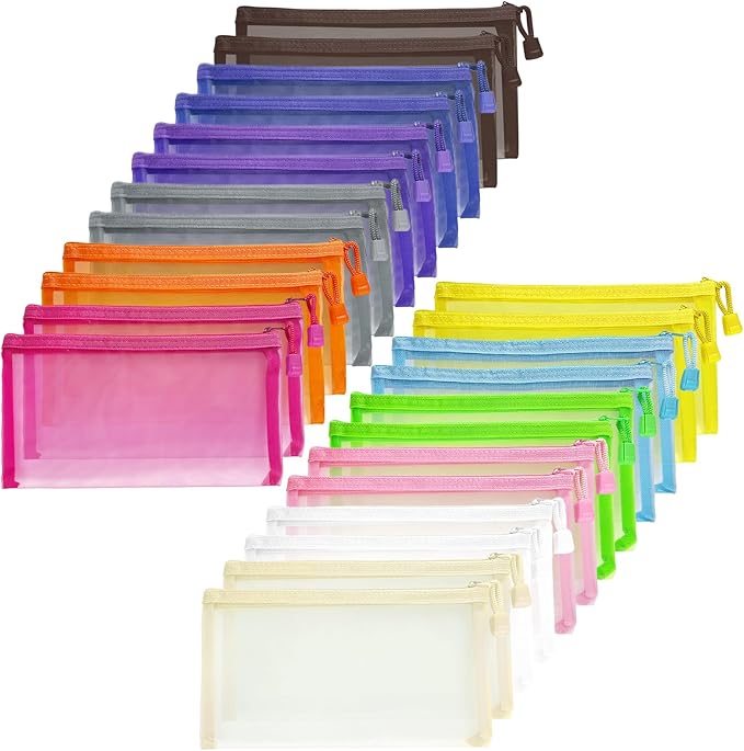 Mesh Pouches (24 Pack), Small Mesh Bags with Zipper Nylon Makeup Pouches Bag Cosmetic Pouch Travel Purse Organizer Insert Diaper Inside Bag Organizers Home Organizing Size See Through Cute Colors