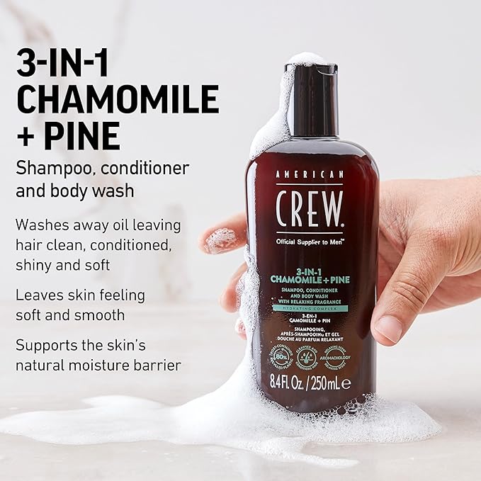 AMERICAN CREW 3-in-1 Chamomile & Pine, Shampoo, Conditioner & Body Wash for Men, Hair Care Gift for Him, Calming and Relaxing Fragrance, 8.4 fl oz