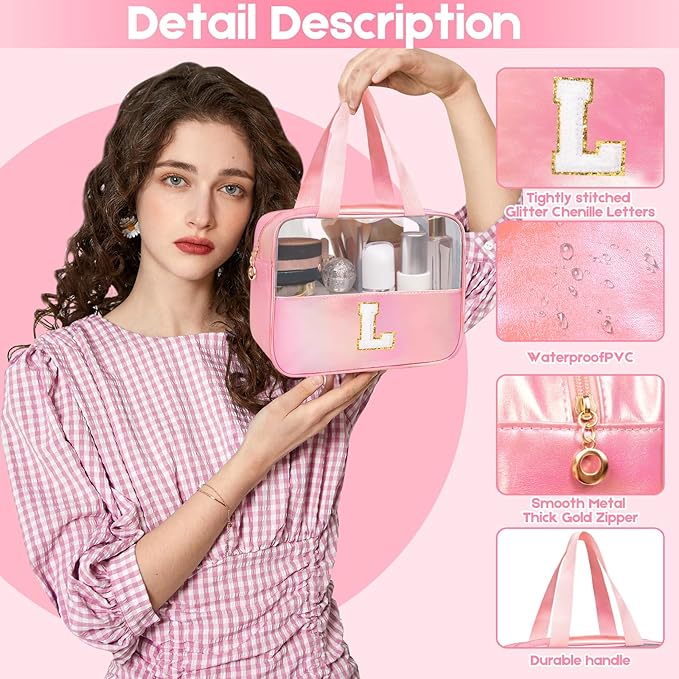 Personalized Initial Clear Makeup Bag Pink Cosmetic Bag Set Large Travel Toiletry Bag, Cute Clear Make Up Bags Organizer Bag for Girlfriend Teacher Gifts Teen Girl Gifts Trendy Stuff K (Pink)