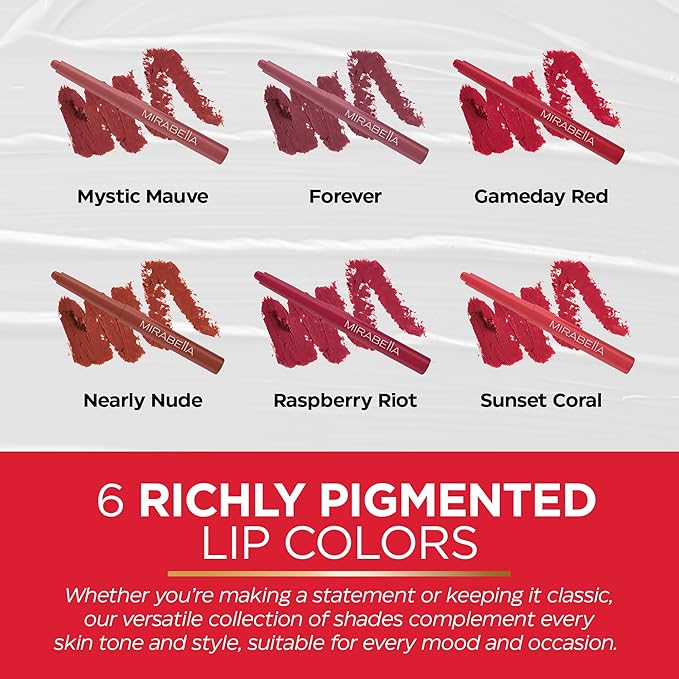 Mirabella - Velvet Matte Lip Crayon, Retractable Highly-Pigmented 2-in-1 Makeup, Long-Lasting Hydrating Lipstick Crayon + Lip Liner, Moisturizing Lipcare Formula, Raspberry Riot