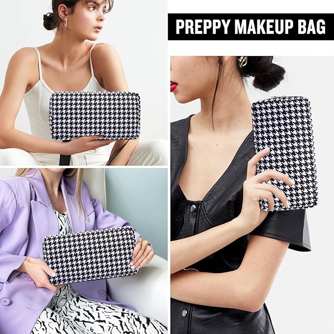 Nylon Small Makeup Bag for Purse, Cute Makeup Pouch Bag Preppy Cosmetic Zipper Pouch Purse, Portable Travel Toiletry Bag Clutch Makeup Brush Bag Organizer Storage for Ladies Girls(Black Houndstooth)
