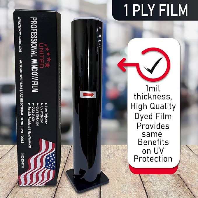 United Window Tint Universal Black 50% VLT 20" in x 100'Ft Standard Dyed 1Ply Film Black Color - Privacy Window Tint for Car, Home, Blocks UV/IR Rays, Reduce Heat & Glare - Adhesive Window Film
