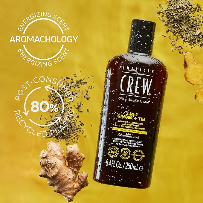 AMERICAN CREW 3-in-1 Ginger & Tea, Shampoo, Conditioner & Body Wash for Men, Hair Care Gift for Him, Revitalizing and Refreshing Fragrance, 8.4 fl oz