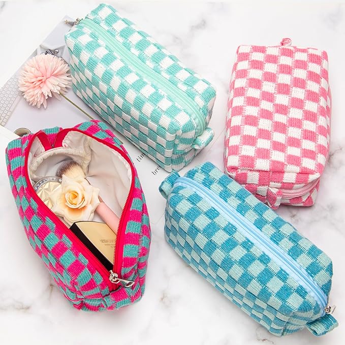 PAZIMIIK Checkered Makeup Bag for Purse Portable Zipper Make Up Pouch Small Cosmetic Case for Travel Accessories (6PCS Arctic Blue)