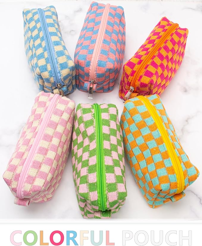 PAZIMIIK Checkered Makeup Bag for Purse Portable Zipper Make Up Pouch Small Cosmetic Case for Travel Red Blue