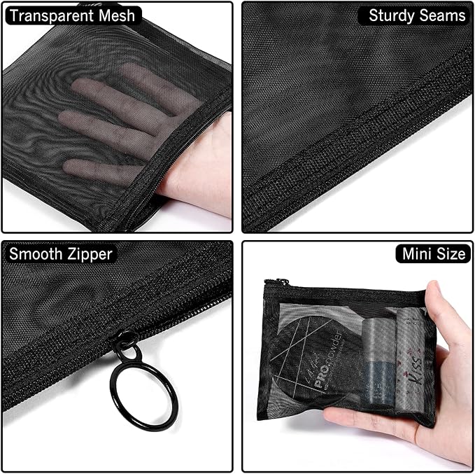 8 Pack Mini Zipper Mesh Makeup Bags, Nylon Cosmetic Bags Toiletry Purse Travel Organizer Bags Inside Bag for Office Travel Organization (Black, M)