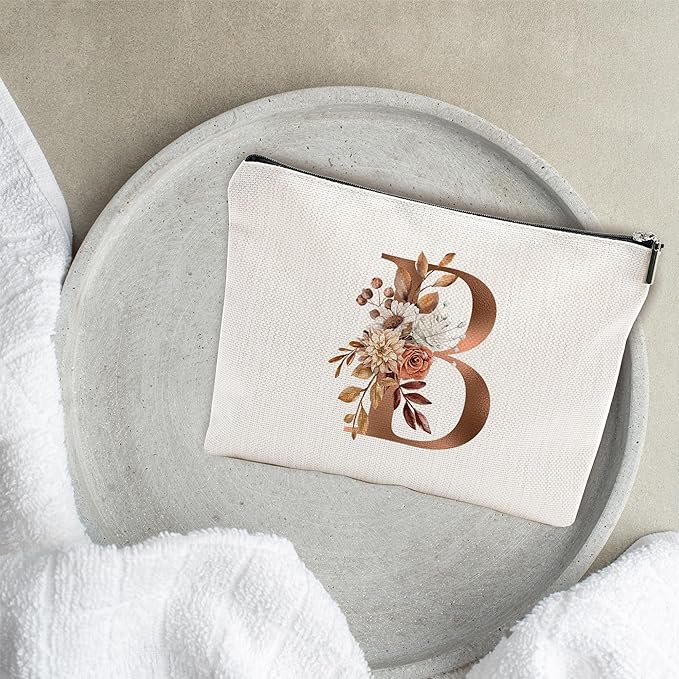 A-Z Boho Personalized Cosmetic Bag-Floral Cotton Letter Makeup Bag With Zipper-Artistic Cosmetic Bag For Travel-Bride,Birthday Gift For Women Daughter Friends-Women Makeup Organizer-A02