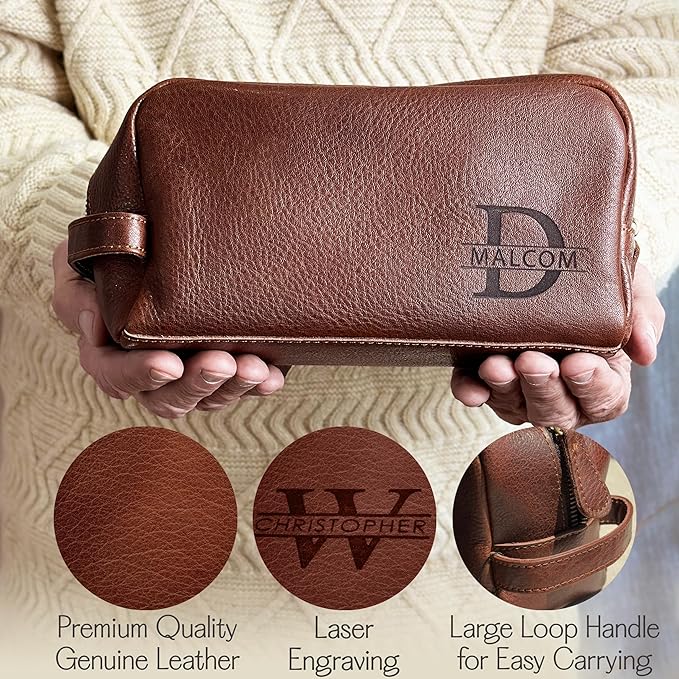 Danique Jewelry 100% Genuine Leather Personalized Toiletry Bag for Men • Mens Toiletry Travel Bag • Travel Essentials • Vacation Essentials Bathroom Travel Organizer • Groomsmen Gifts Shaving Bag