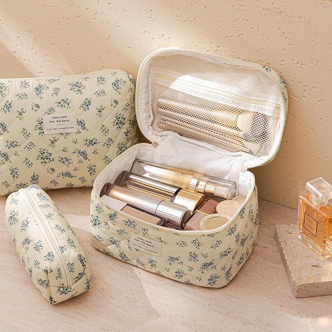 HBselect Quilted Makeup Bag, 3PCS Cotton Large Travel Makeup Bag, Cute Floral Coquette Make up Bag Cosmetic Bag Toiletry Bag for Women Girls