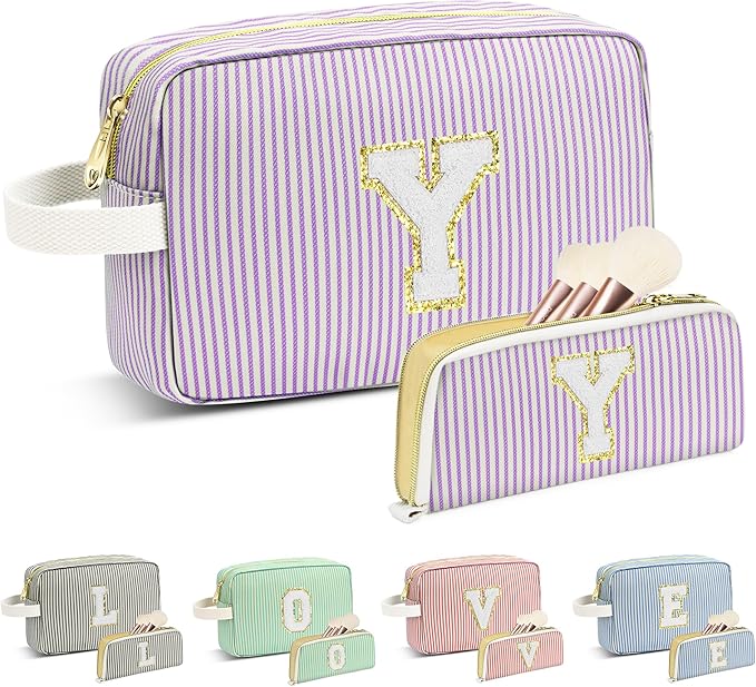 Travel Makeup Bag Christmas Gifts for Women Girl Teens, Personalized Initial Makeup Bag for Cute Teen Girls, Preppy Stuff Toiletry Bag Cosmetic Bag, Teen Girls Gift Trendy Stuff, Letter Y