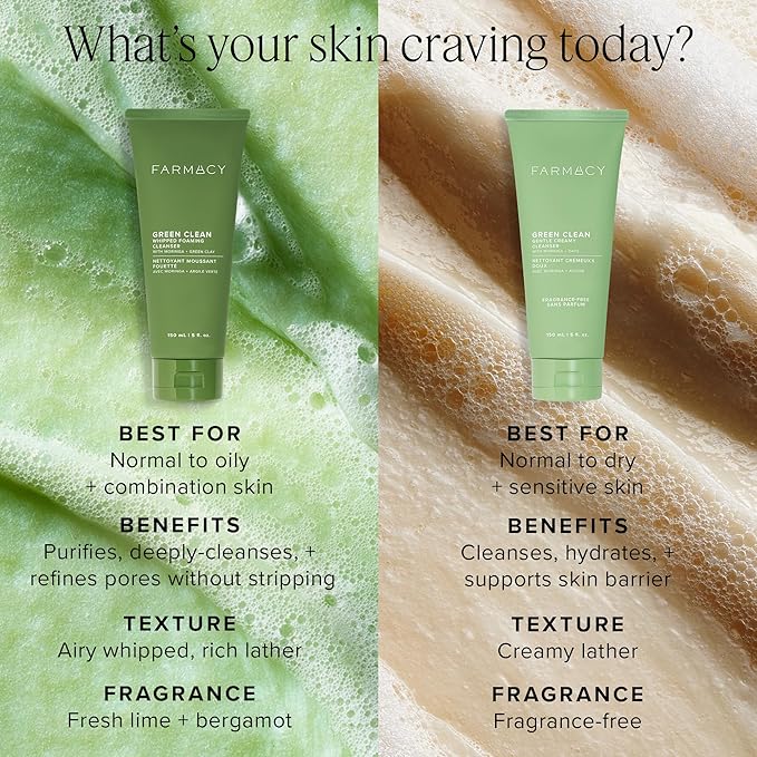 Farmacy Foaming Face Wash for Oily Skin - Whipped Greens Oil-Free Gentle Facial Cleanser + Exfoliator - Infused with Green Clay to Remove Impurities, Control Oil + Maintain Skin Hydration (150ml)