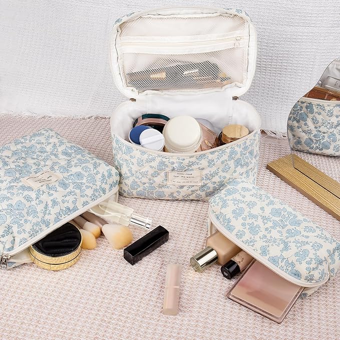 Makeup Bag Set, Quilted Makeup Bag, Large Floral Cosmetic Bag for Women, Cute Cotton Makeup Bags, Flower Travel Toiletry Organizer Bag (Blue Rose)