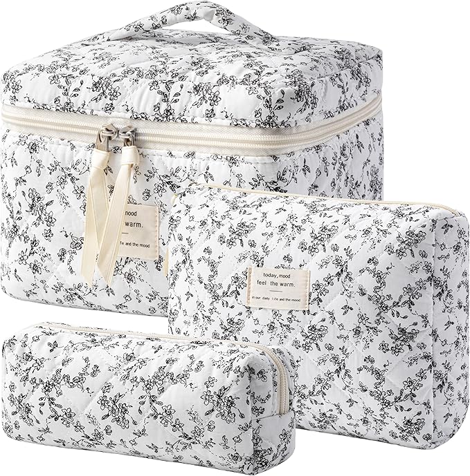 HBselect Quilted Makeup Bag, 3PCS Cotton Large Travel Makeup Bag, Cute Floral Coquette Make up Bag Cosmetic Bag Toiletry Bag for Women Girls
