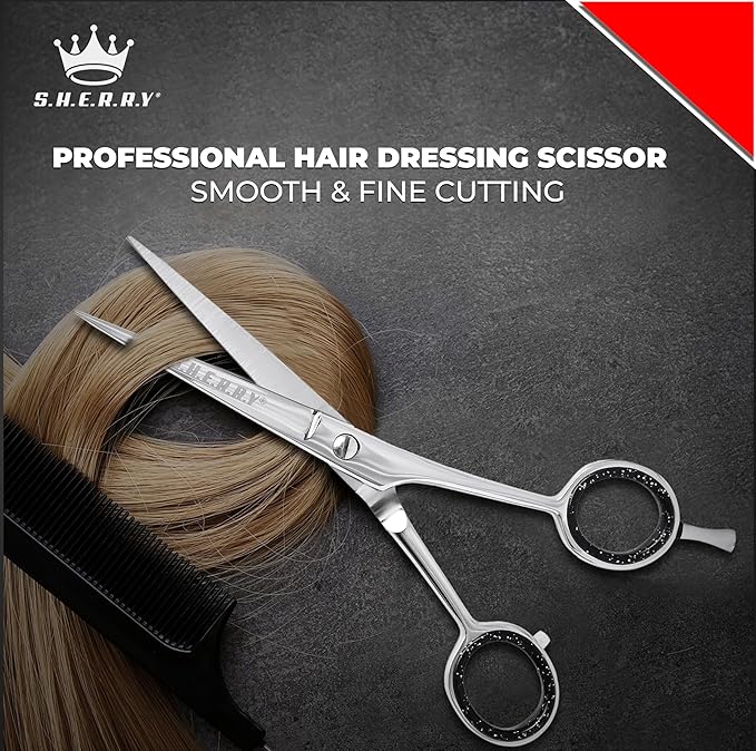 Professional Barber Shears 6.5” – High Carbon Stainless Steel Hair Cutting Scissors with Razor Sharp Edge for Salon & Home Use by S.H.E.R.R.Y (silver, 6.5)
