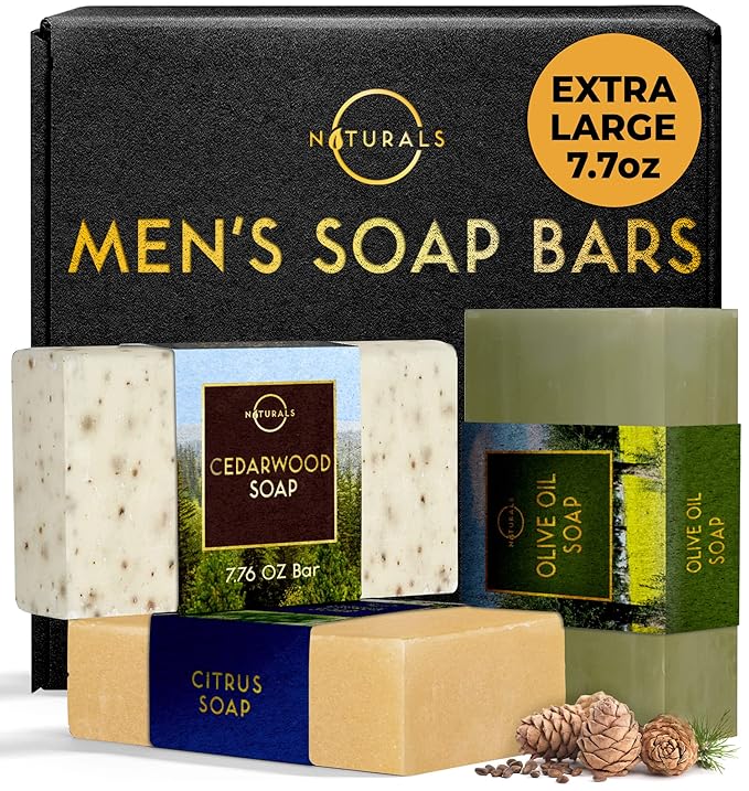 O NATURALS Bar Soap for Men - 3-Pcs Mens Soap Bar - Natural Soap - Mens Bar Soap - Men Soap - Natural Soap for Men - Organic Men's Soap Bars - Exfoliating Soap Bar - Citrus, Olive & Cedarwood