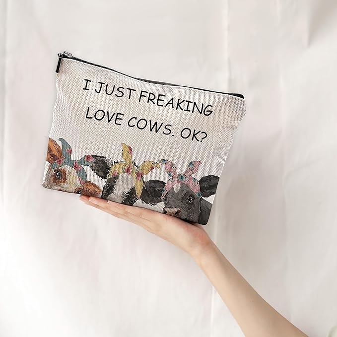 I Just Freaking Love Cows OK Farmhouse Cows with Bandanas Makeup Bag Cosmetic Bags with Zipper Pouch Travel Toiletry Case,Gifts for Cow Lovers Farm Girls
