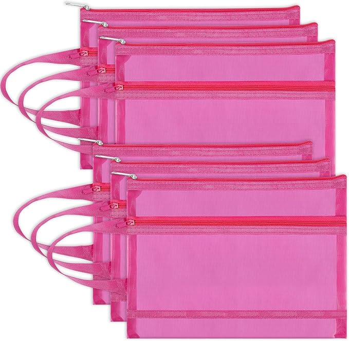 6 Pack Mesh Zipper Pouch Bags, Double Layer Nylon Pouch with Handle for Office Travel Organization (Hot Pink, A4)