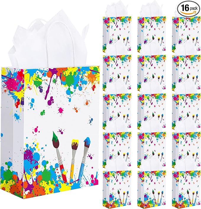 Durony 16-Piece Party Favor Bags with Handles - Tissue Paper Gift Bags for Birthday, Art Themed Party Supplies (8.6 x 6.2 x 3.1 Inches)
