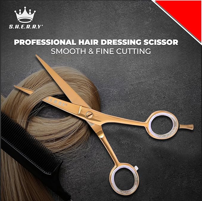 Professional Barber Shears 5.5” – High Carbon Stainless Steel Hair Cutting Scissors with Razor Sharp Edge for Salon & Home Use by S.H.E.R.R.Y (Gold, 5.5 inches)