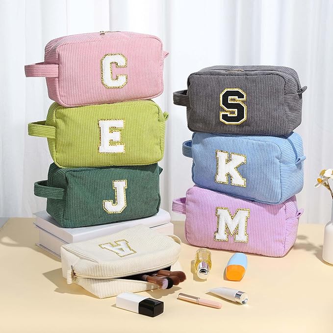 YOOLIFE Daughter Gifts Initial Makeup Bag - Cosmetic Bag Makeup Bag Makeup Pouch Make Up Bag Makeup Bags for Women Corduroy Makeup Bag Cute Makeup Bag Personalized Gifts for Women Her White Letter B